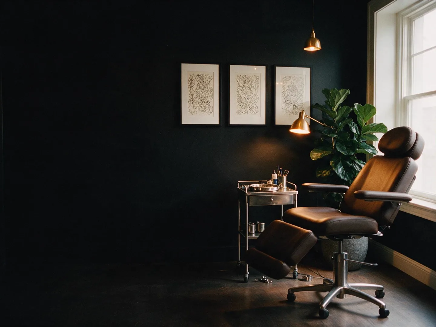 Een werkplek in de studio, met de stoel en het werkblad klaar